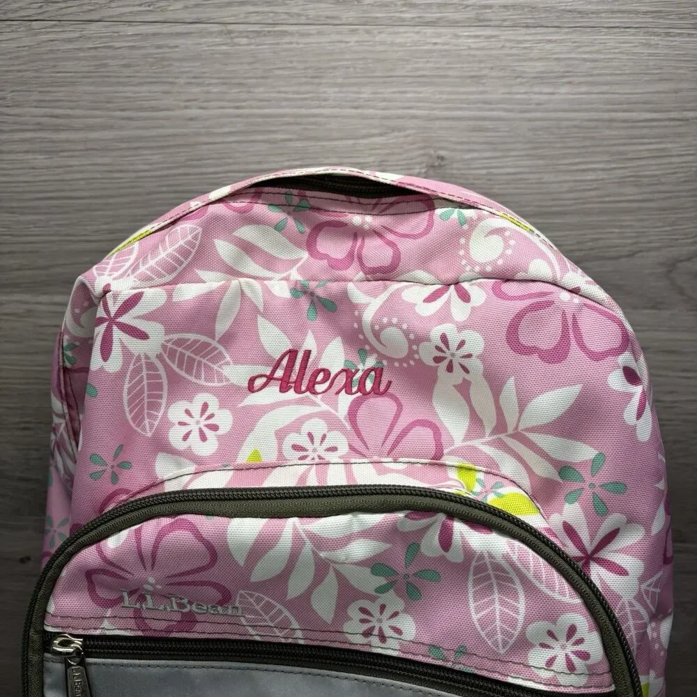LL Bean Backpack Pink Floral Print School Travel Bag Reflective “Alexa”